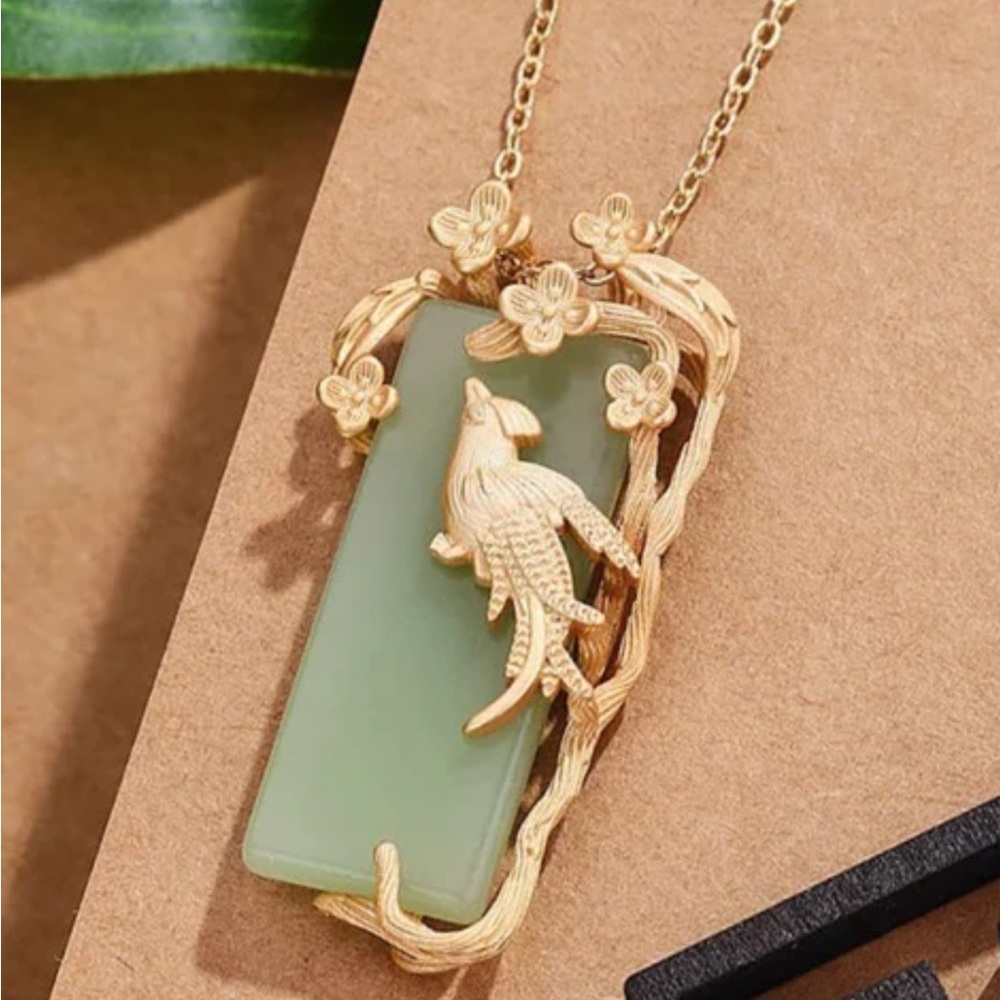 Gold Bird Green Gem & Magpie Flower Branch Pendant Necklace
